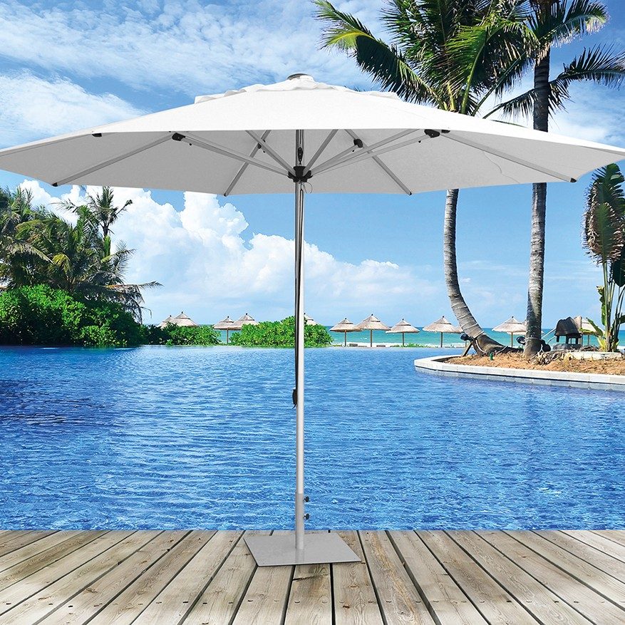 Octagon shape umbrella beside a resort pool