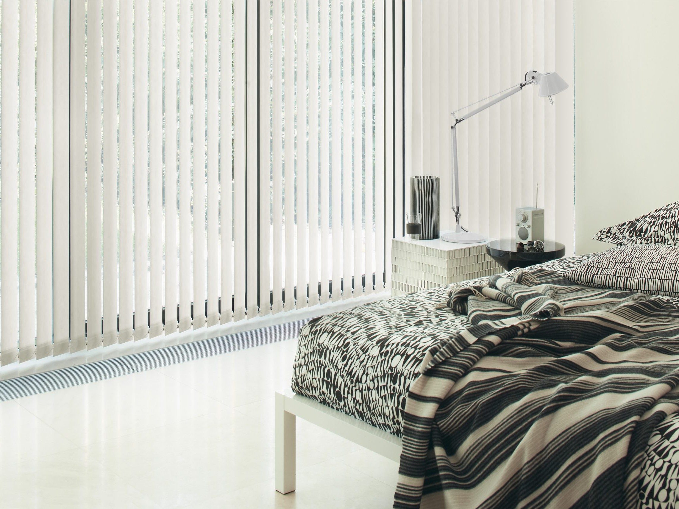 vertical blinds in a bedroom